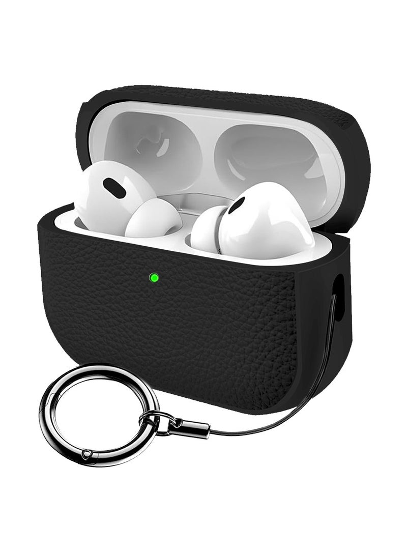 for AirPods Pro 3 Generation Case, Compatible with AirPods Pro 3 Gen (2025), Drop Protection Cover with Keychain, Litchi Faux Leather, Shock-Proof Protective TPU Case (Black) - Image 1